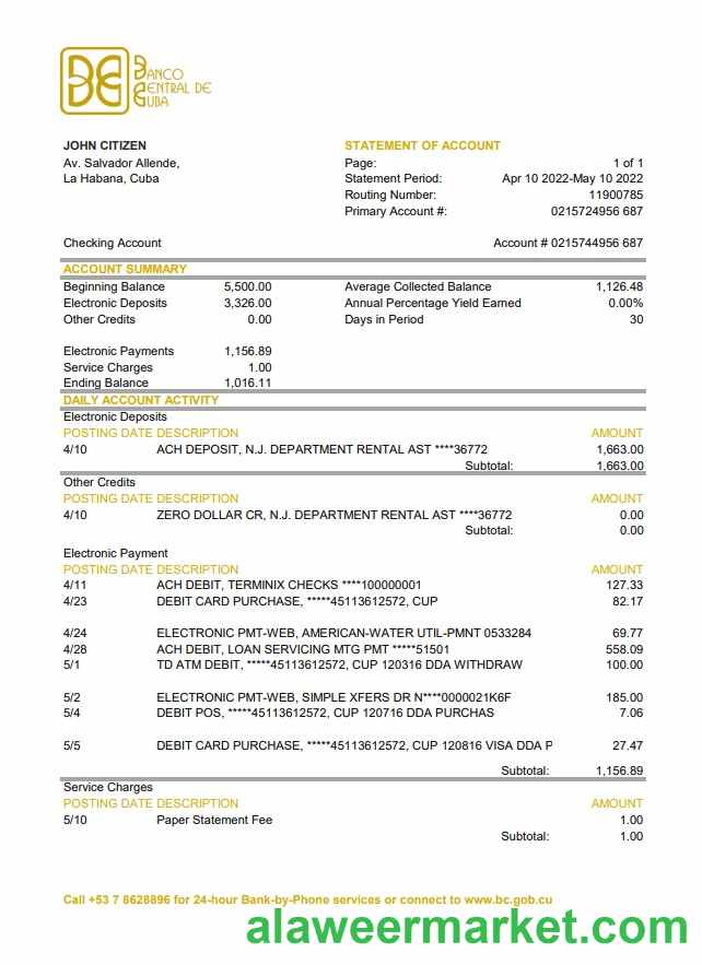 Cuba Banco Central de Cuba bank statement xls